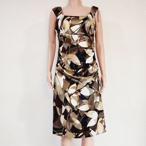 London Times Black Brown Gold White Ruched Waist Satin Dress Size 16P